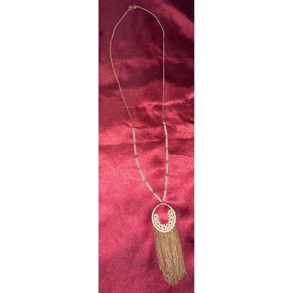 Vintage Gold Tone Beaded Long Fringe Tassel Pendant Necklace Boho White Beads